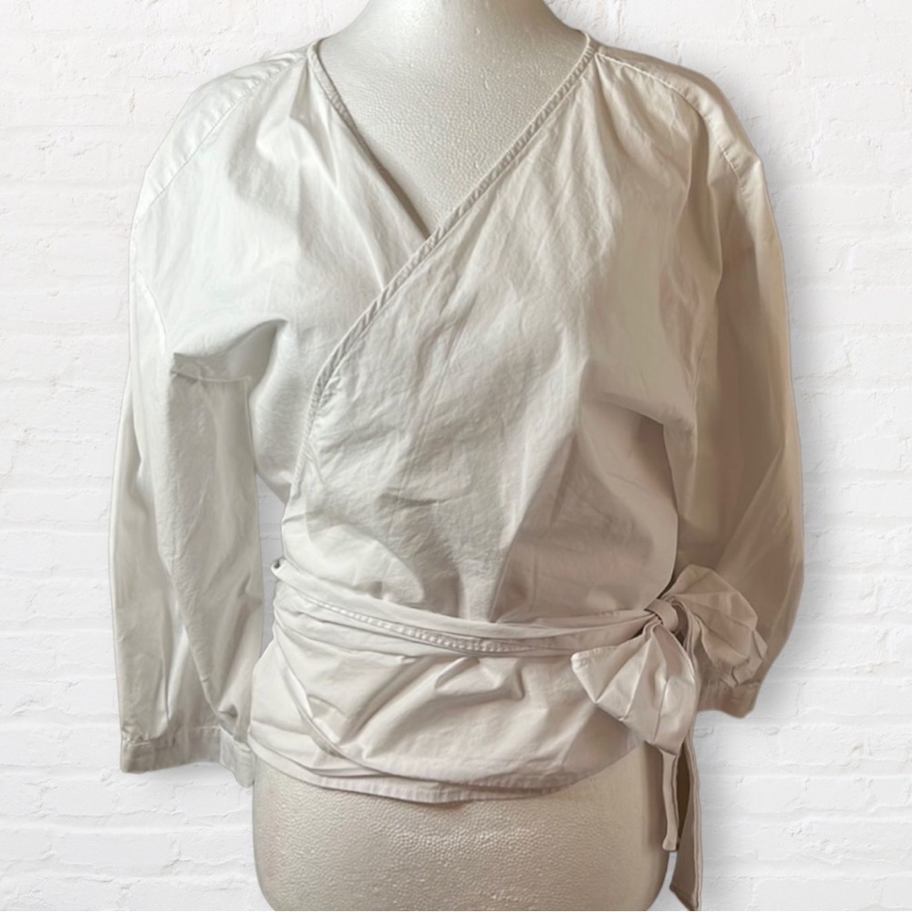 KENSIE white wrap front tie mid length sleeve top V-neck 100% cotton large
